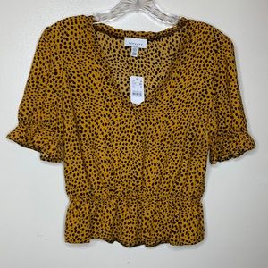 TOPSHOP Top Orangish Brown & Black V-Neck Ruffle Trim Elastic Puffed Sleeves 4